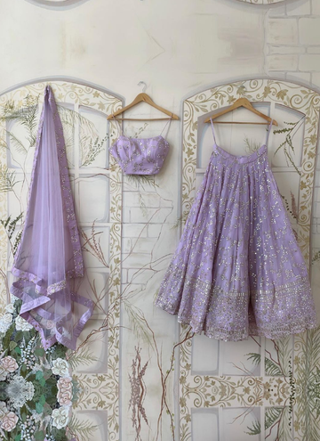 Amazing Zari Embroidered Work Georgette Light Lavender Lehenga